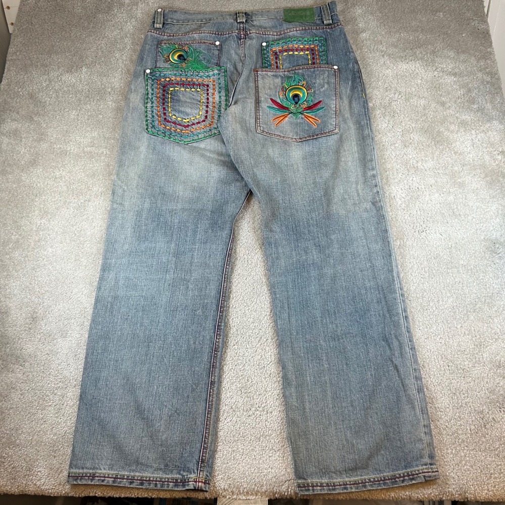 Vintage‎ Y2K Coogi Baggy Jeans Mens 38x34 Light Wash Peacock Embroidered Denim